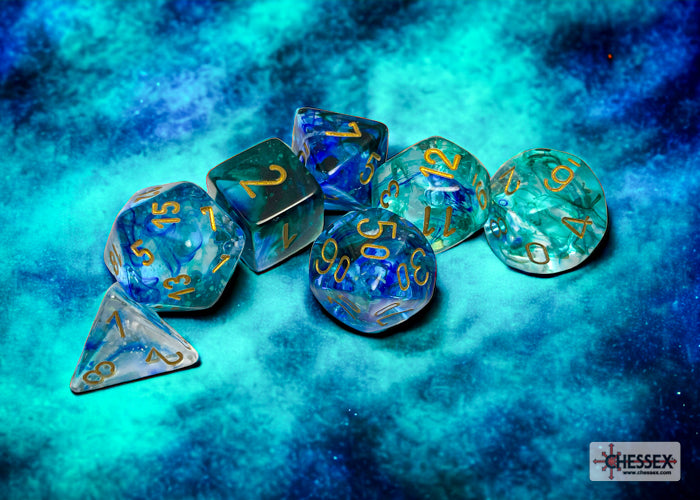 Nebula Oceanic/gold Luminary Polyhedral 7-Dice Set - Image 1 - Dice & Accessories - Image - Pop Weasel