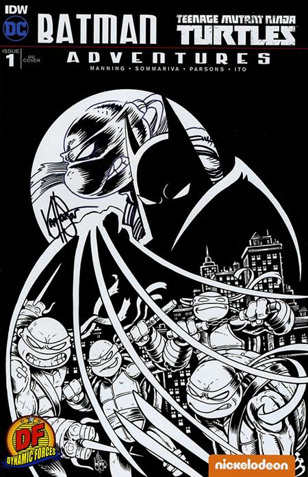 Df Batman/Teenage Mutant Ninja Turtles Adventures #1 Df Exclusive Bw Variant Signed And Remarked By Ken Haeser With A Tmnt Head Sketch - Image