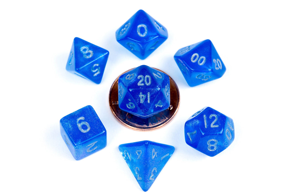 Stardust Blue w/ Silver Numbers 10mm Mini Poly Dice Set - Image 1 - Dice & Accessories - Image - Pop Weasel