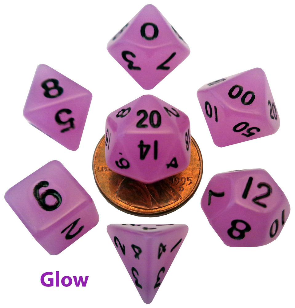 Glow in the Dark Purple 10mm Mini Polyhedral Dice Set - Image 1 - Dice & Accessories - Image - Pop Weasel