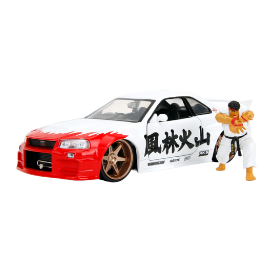 Street Fighter - Nissan Skyline GTR R34 (with Ryu figure) 1:24 Scale Diecast Vehicle Set - Jada Toys