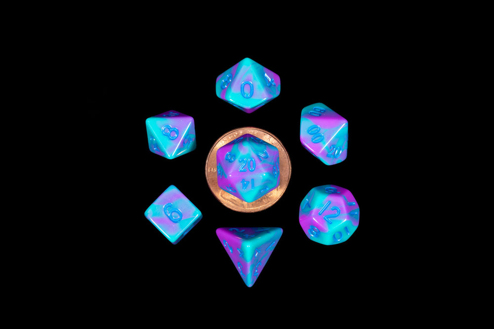 Turquoise and Purple Marble 10mm Mini Poly Dice Set - Image 1 - Dice & Accessories - Image - Pop Weasel