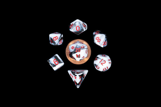 Marble with Red Numbers 10mm Mini Poly Dice Set - Image 1