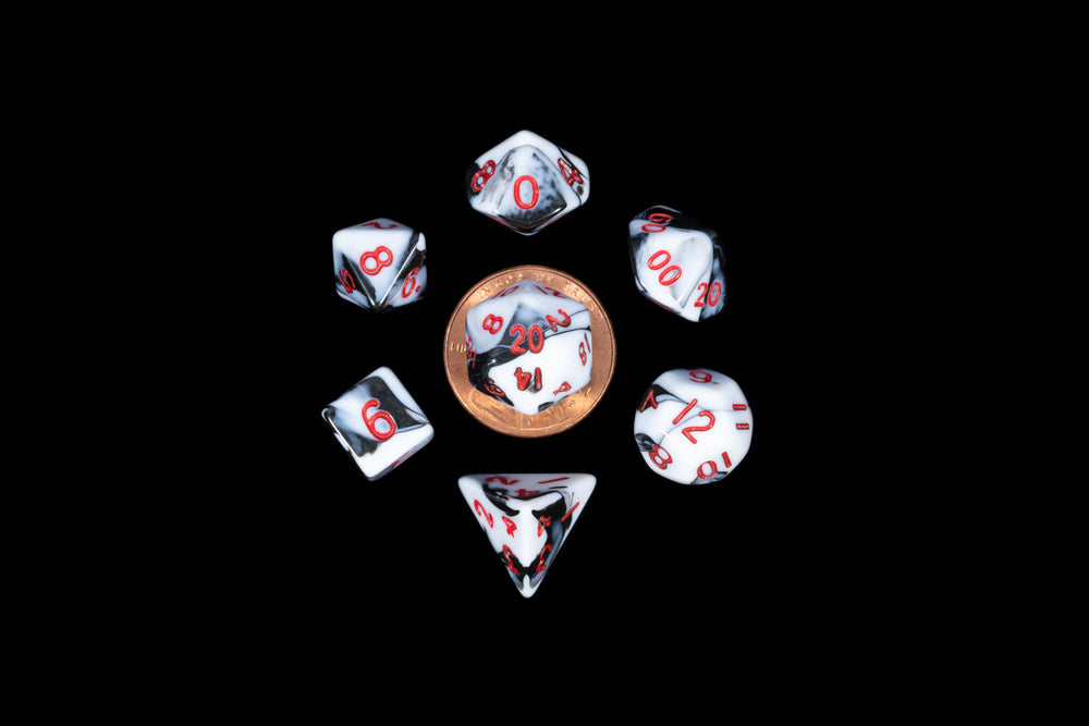 Marble with Red Numbers 10mm Mini Poly Dice Set - Image 1 - Dice & Accessories - Image - Pop Weasel