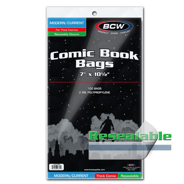 BCW Comic Book Bags Resealable Modern/Current Comic Books Thick (7" x 10" 1/2) (100 Bags Per Pack)