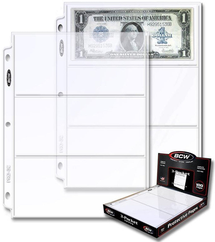 BCW 3 Pocket Protective Pages Currency (100 Pages Per Box)