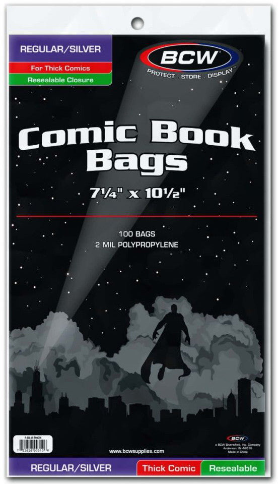BCW Comic Book Bags Resealable Regular/Silver Age Comic Books Thick (7" 1/4 x 10" 1/2) (100 Bags Per Pack)