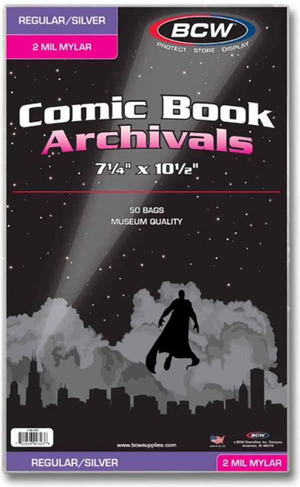 BCW Comic Book Mylar Bags Regular and Silver Age Comics 2 MIL (7" 1/4 x 10" 1/2) (50 Bags Per Pack)